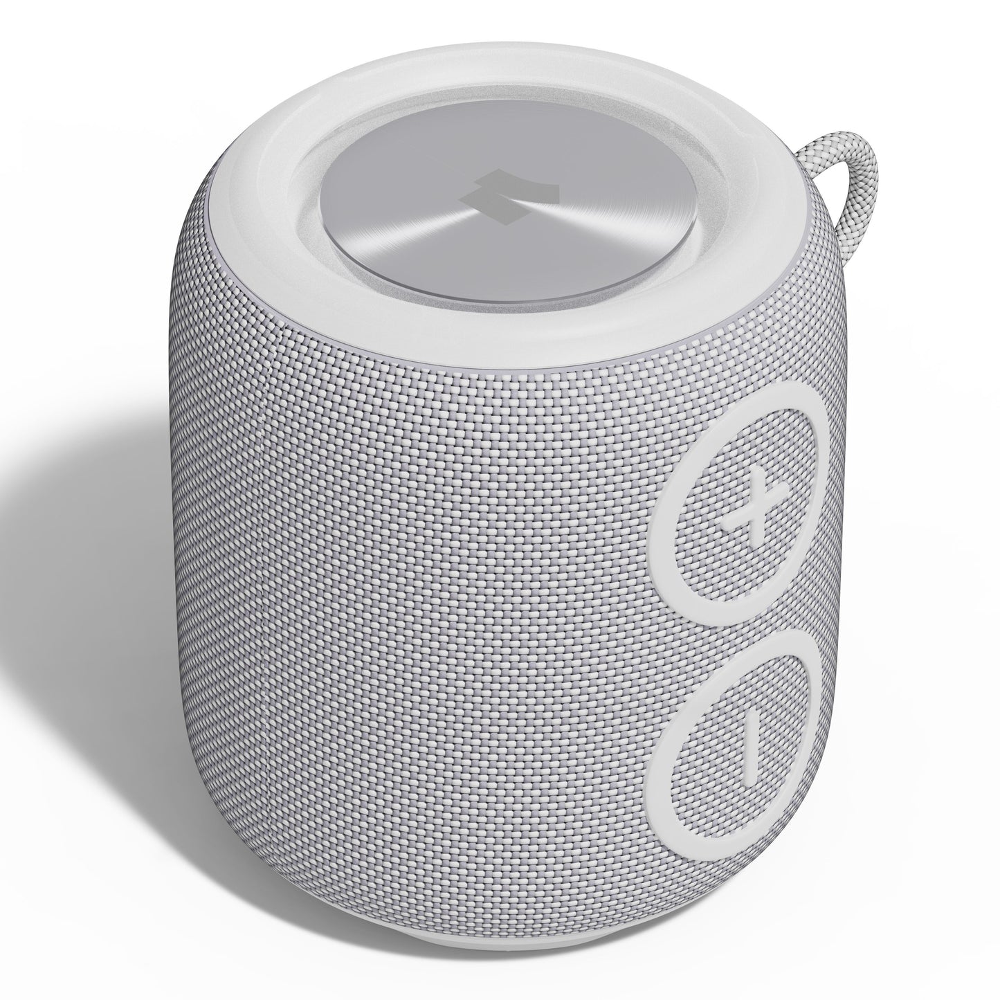 Nomadelic Loud 705 vandtæt Bluetooth-højttaler grå, cylinderformet med vævet stof, volumeknapper, sølvtop med logo.