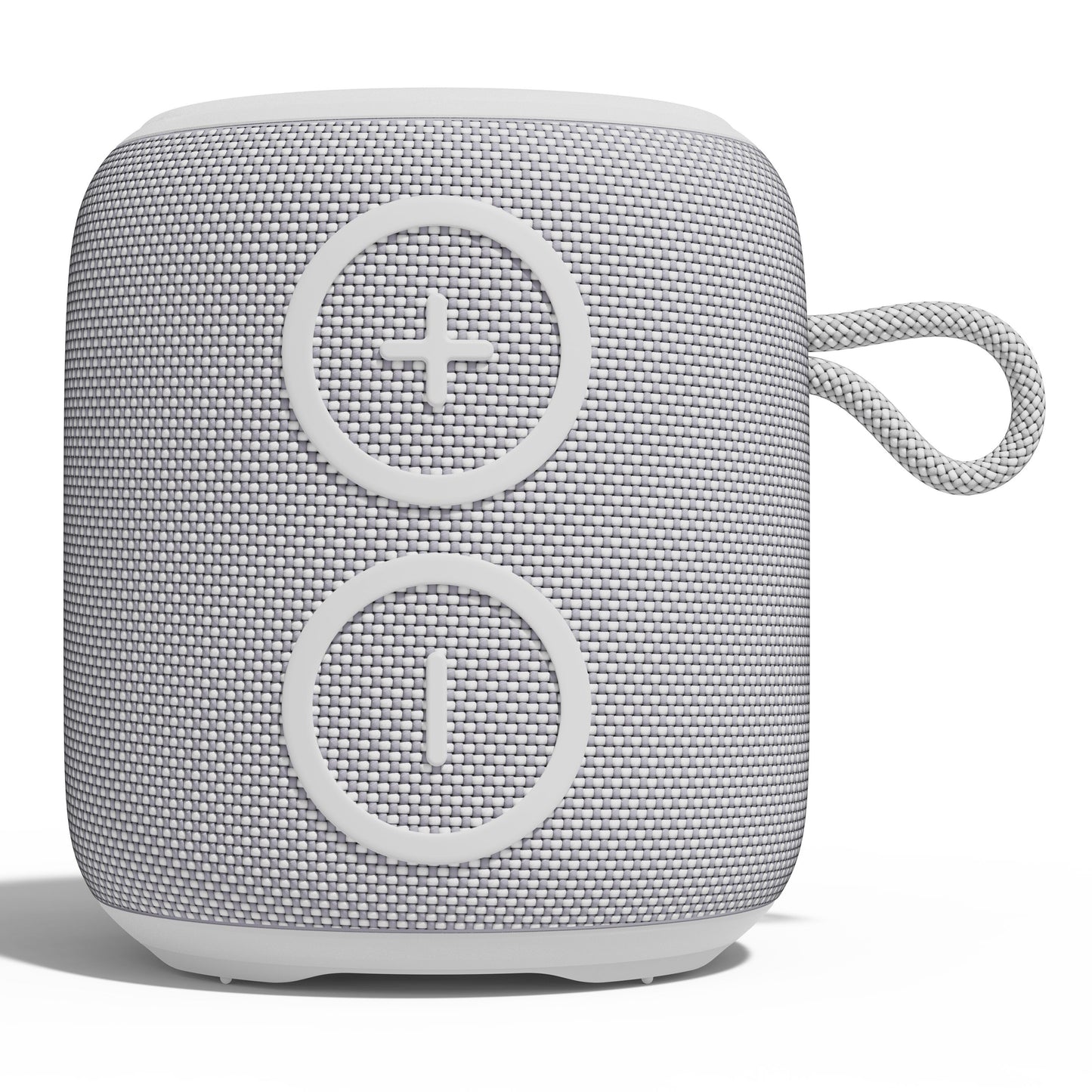 Nomadelic Loud 705 vandtæt Bluetooth-højttaler grå med vævet overflade, store plus- og tænd/sluk-knapper, lille bærestrop.