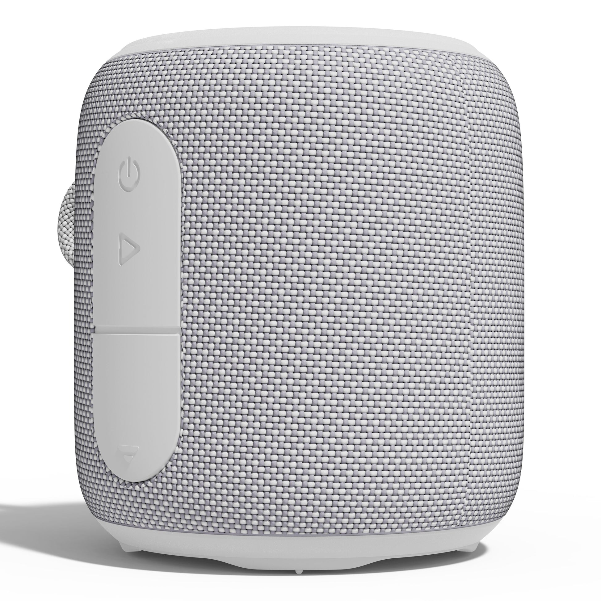 Nomadelic Loud 705 vandtæt Bluetooth-højttaler grå med vævet tekstur og prægede strøm- og lydstyrkeknapper.