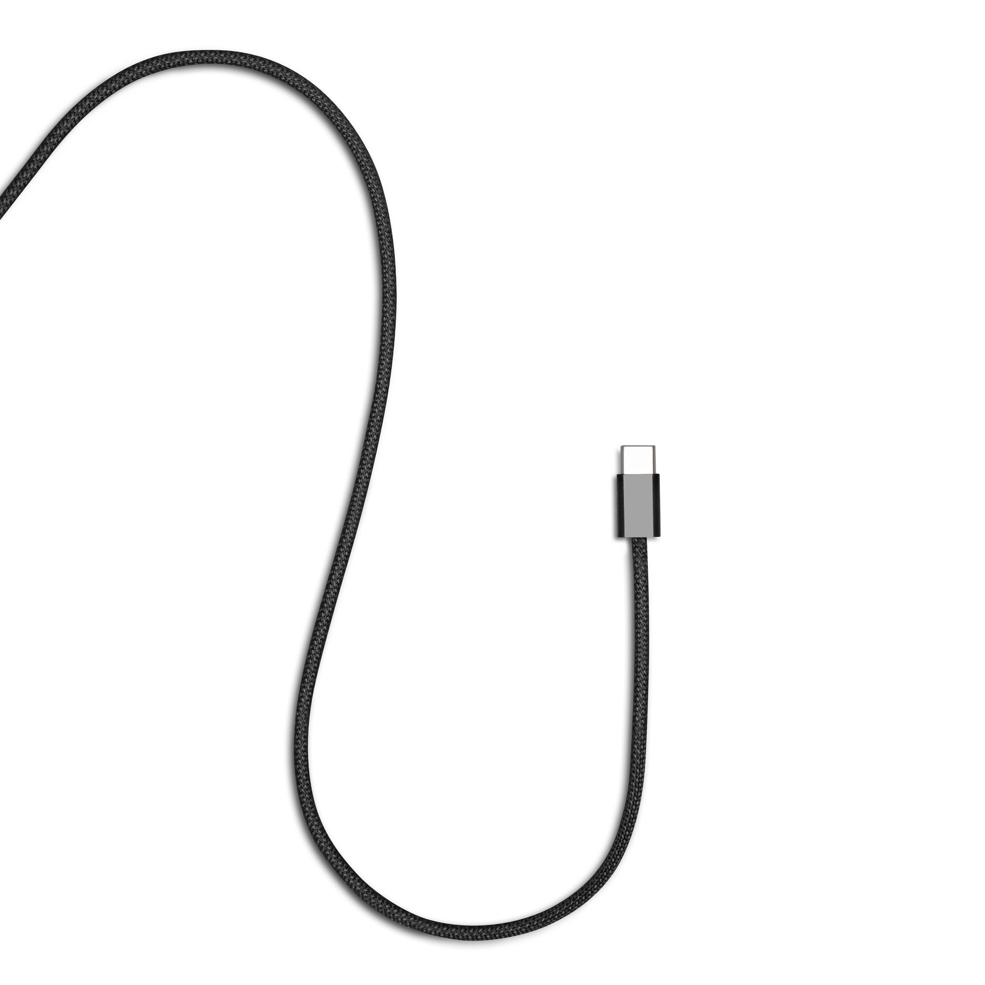 Linocell flettet USB-C 2.0 kabel 1 m sort, opladning op til 240 W og dataoverførsel, stik til højre, kabel bøjet mod venstre.