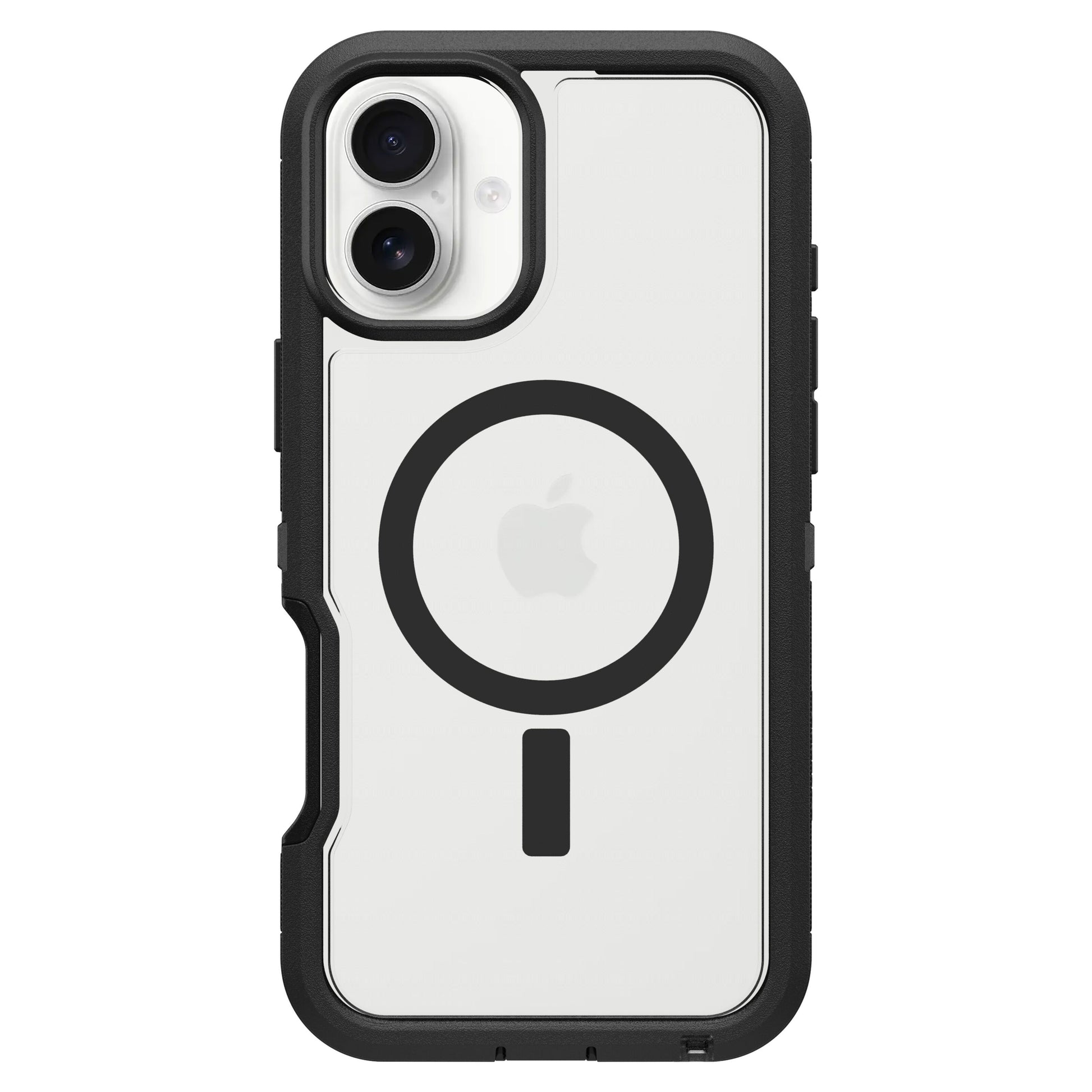 IPhone 16 Plus sort stød- og faldsikret Defender XT Dark Side cover med forstørrelsesglas-ikon over Apple-logo på bagside.