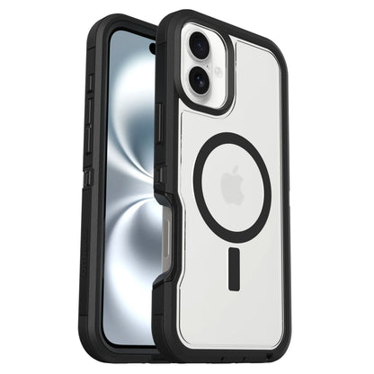 Otterbox Defender XT Dark Side cover til iPhone 16 Plus, sort MagSafe-ring, Apple-logo, stød- og faldsikker.