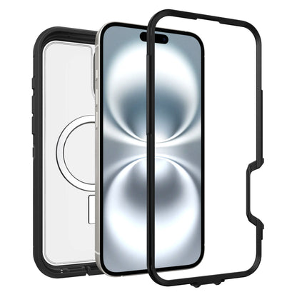 Defender XT Dark Side cover til iPhone 16 Plus, sort/klar, i tre dele med sølv abstrakt skærm, stød- og faldsikring.