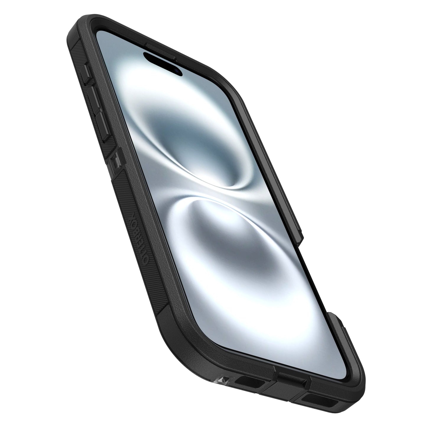 IPhone 16 Plus med Otterbox Defender XT Dark Side cover, synlig skærm med sølv abstrakte cirkler, robust beskyttelse.