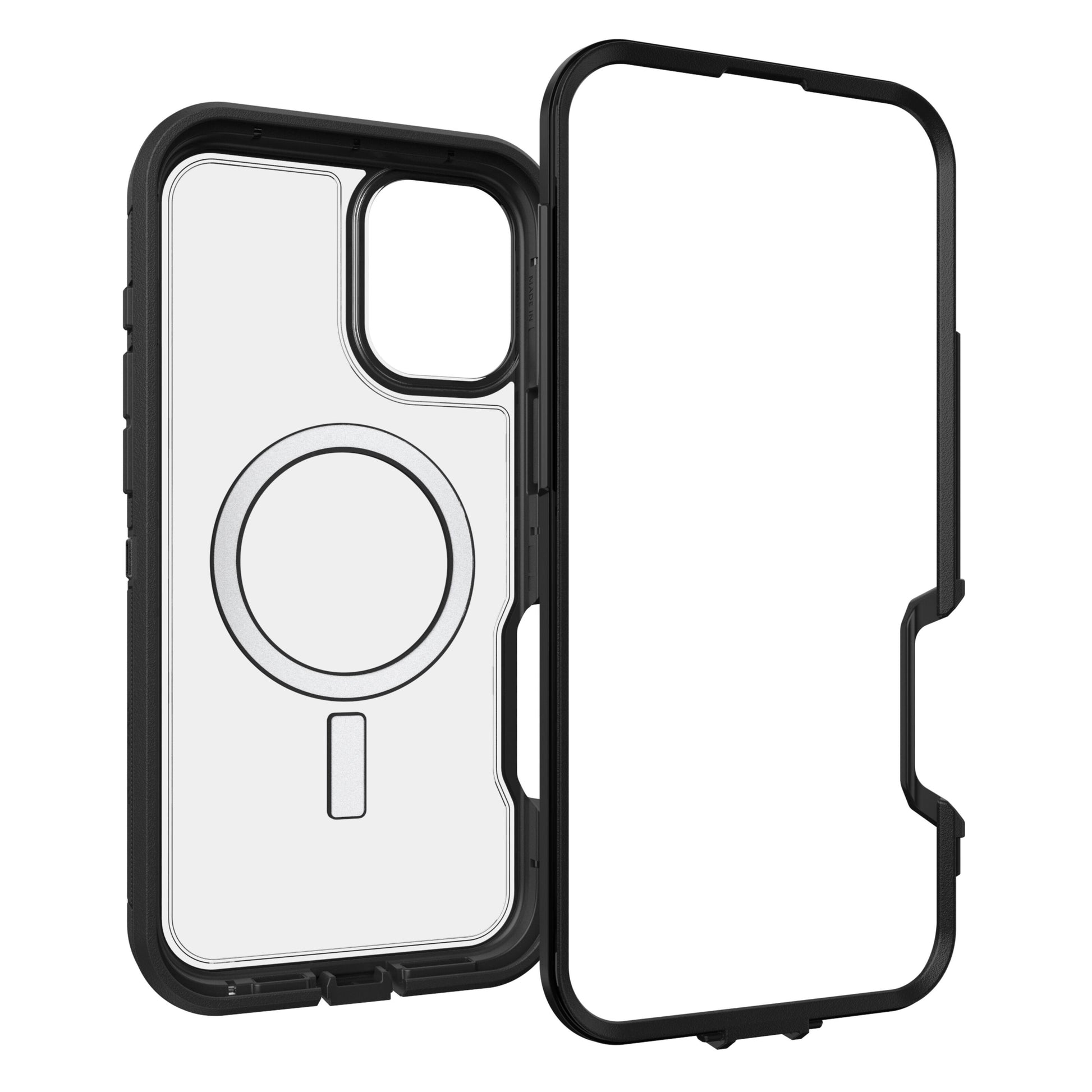 Otterbox Defender XT Dark Side cover til iPhone 16 Plus, stød- og faldsikret, MagSafe-ring, vist delt i bagside og front-ramme.