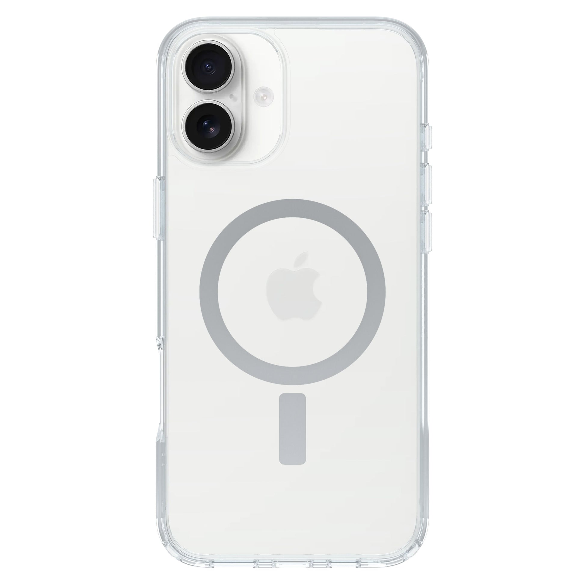 Otterbox Symmetry MagSafe cover til iPhone 16 Plus klar, viser Apple-logo, passer til dobbelt kamera, understøtter MagSafe.