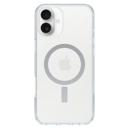 Otterbox Symmetry MagSafe cover til iPhone 16 Plus klar, viser Apple-logo, passer til dobbelt kamera, understøtter MagSafe.