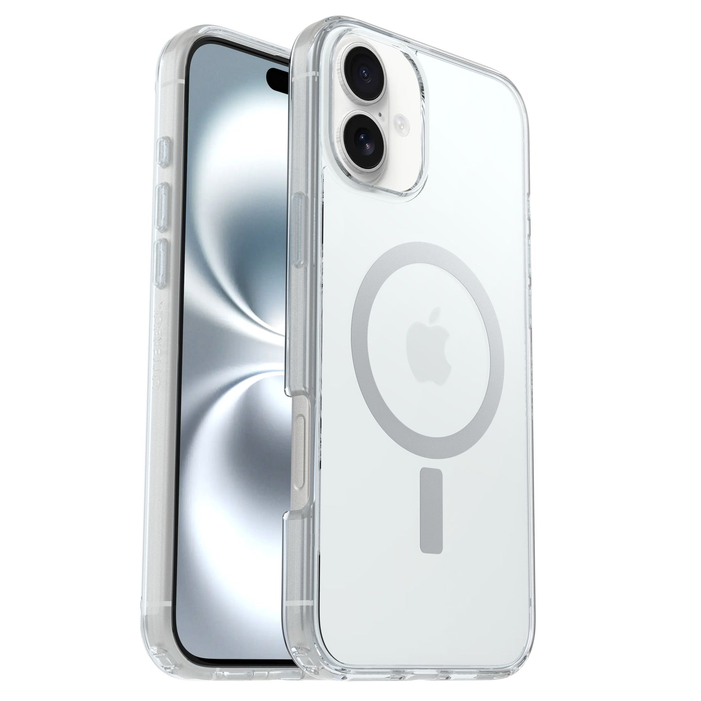 Otterbox Symmetry MagSafe cover til iPhone 16 Plus Klar med synligt MagSafe-symbol og Apple-logo, abstrakt tapet på skærmen.