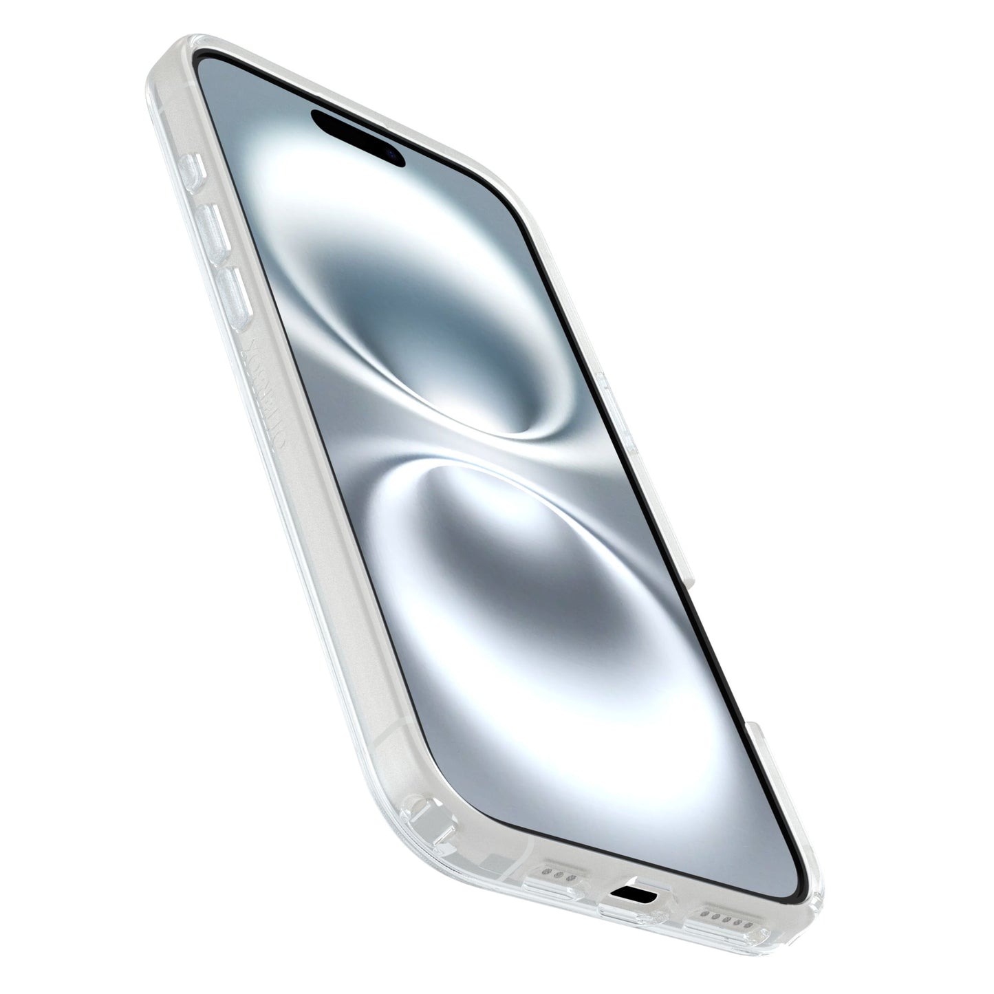 IPhone 16 Plus med abstrakt metallisk tapet i klart MagSafe beskyttelsescover, ses skråt opad og til venstre.