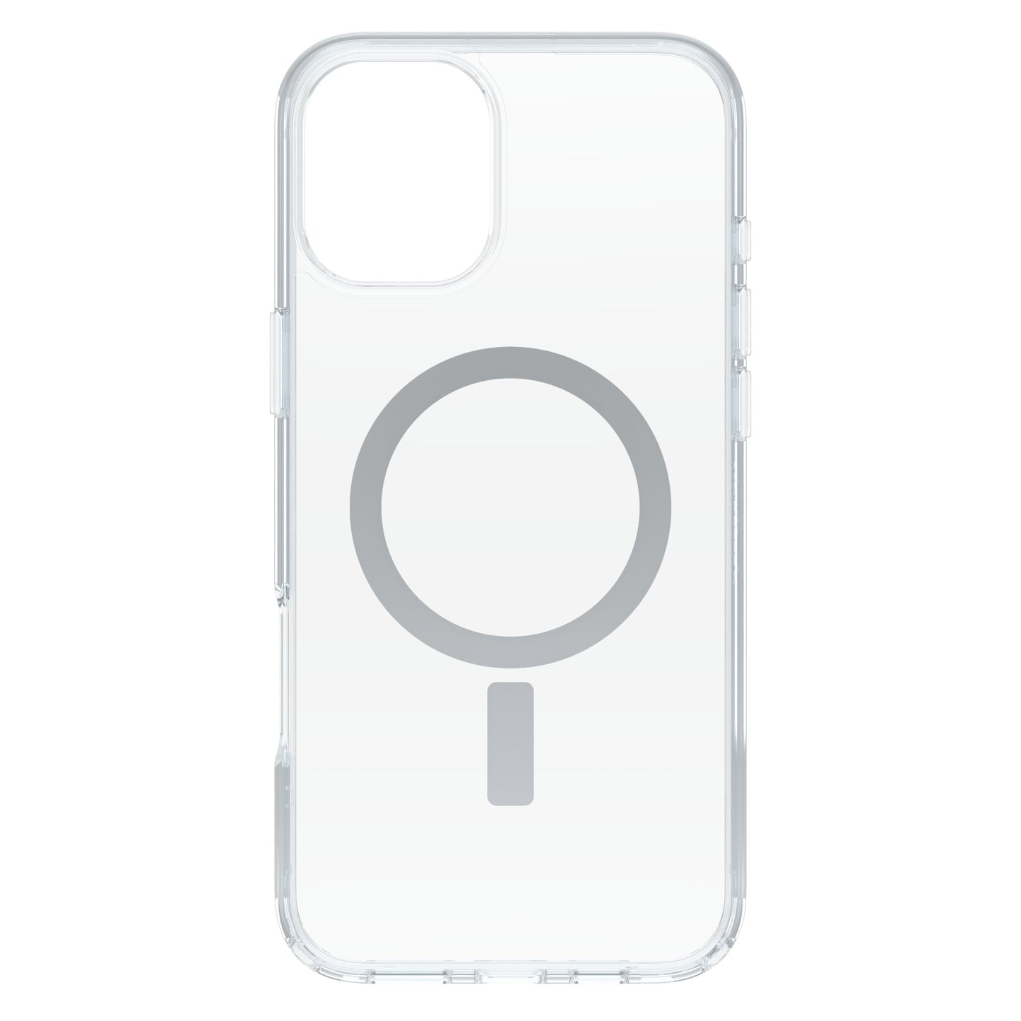 Otterbox Symmetry MagSafe cover til iPhone 16 Plus klar, gennemsigtig med præcise udskæringer og gråt magnetdesign.