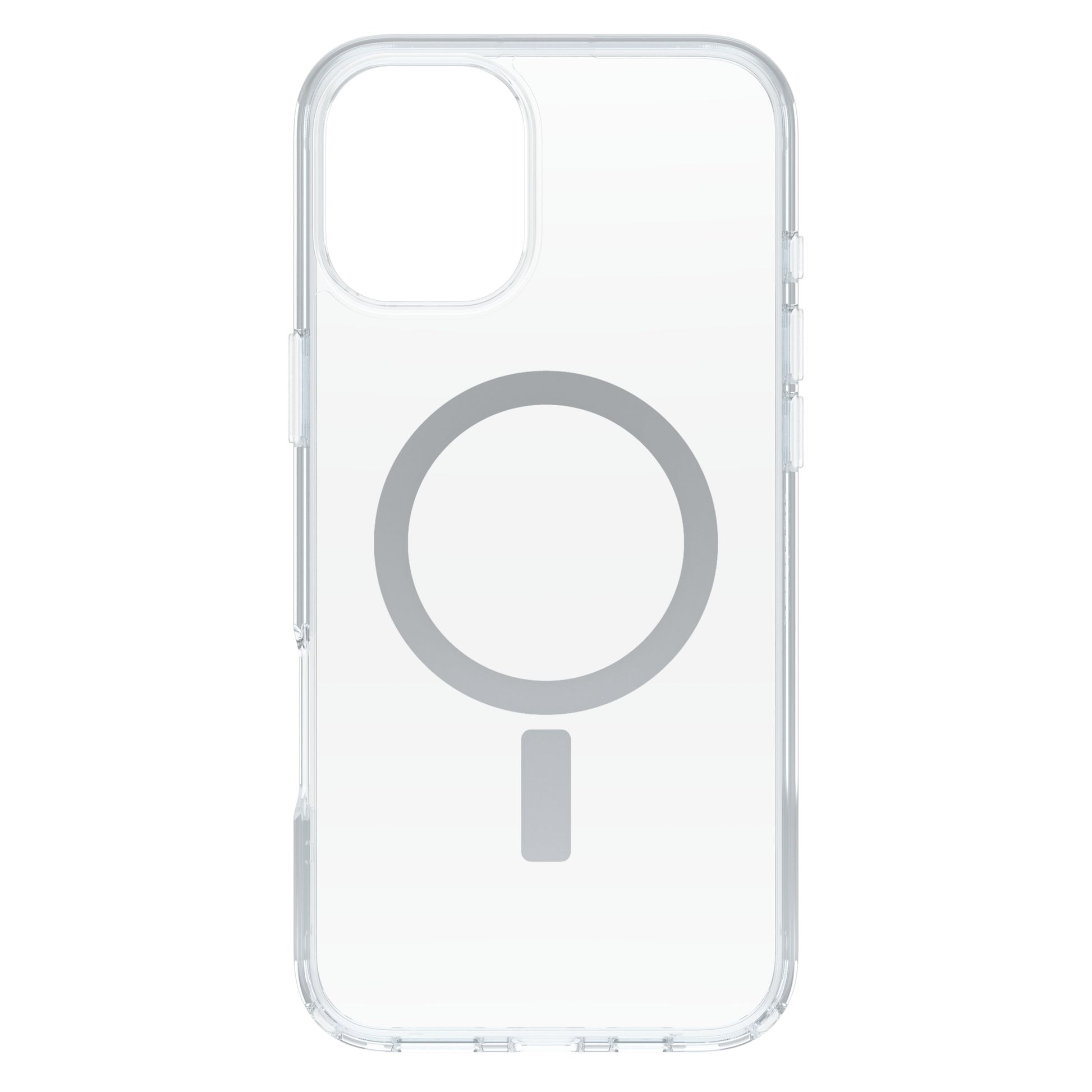 Otterbox Symmetry MagSafe cover til iPhone 16 Plus klar, gennemsigtig med præcise udskæringer og gråt magnetdesign.