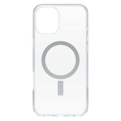 Otterbox Symmetry MagSafe cover til iPhone 16 Plus klar, gennemsigtig med præcise udskæringer og gråt magnetdesign.