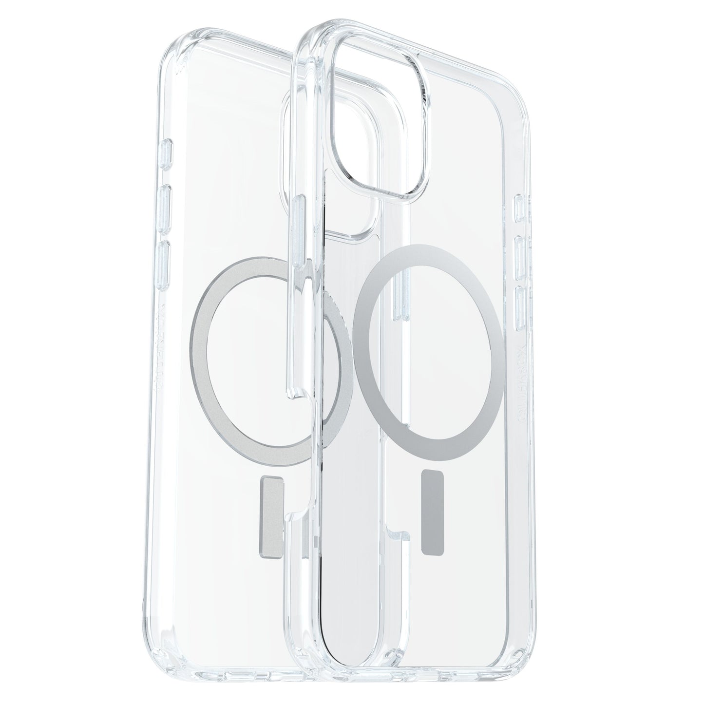 Otterbox Symmetry MagSafe cover i klar til iPhone 16 Plus med cirkulære og rektangulære MagSafe-mønstre på bagsiden.