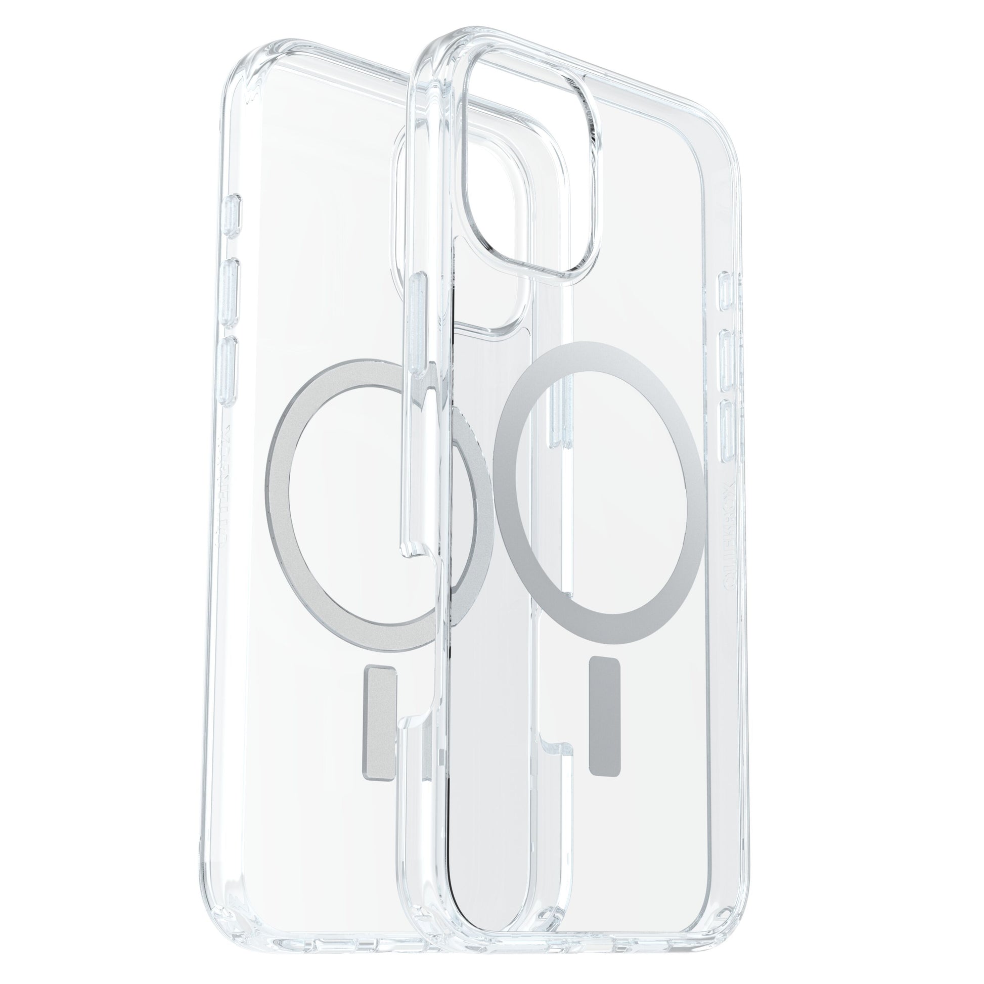 Otterbox Symmetry MagSafe cover i klar til iPhone 16 Plus med cirkulære og rektangulære MagSafe-mønstre på bagsiden.