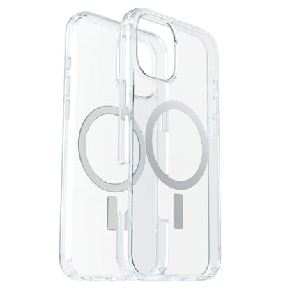 Otterbox Symmetry MagSafe cover i klar til iPhone 16 Plus med cirkulære og rektangulære MagSafe-mønstre på bagsiden.