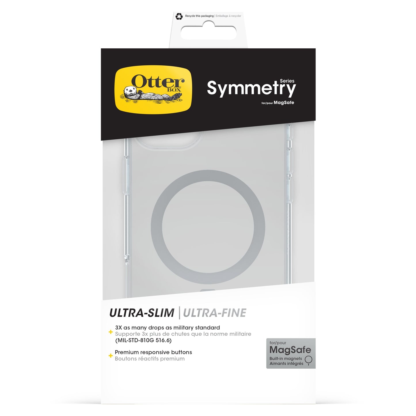 Otterbox Symmetry MagSafe cover til iPhone 16 Plus Klar, gennemsigtig med cirkulær MagSafe-markering og Otterbox-logo.