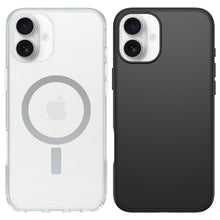 To iPhone med bagkameraer, venstre med gennemsigtig MagSafe-cover, højre med Symmetry MagSafe-cover til iPhone 16 Plus Klar.