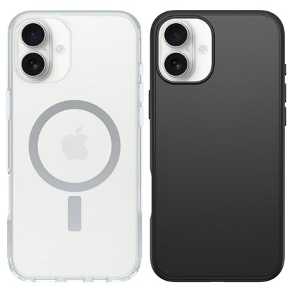 To iPhone med bagkameraer, venstre med gennemsigtig MagSafe-cover, højre med Symmetry MagSafe-cover til iPhone 16 Plus Klar.