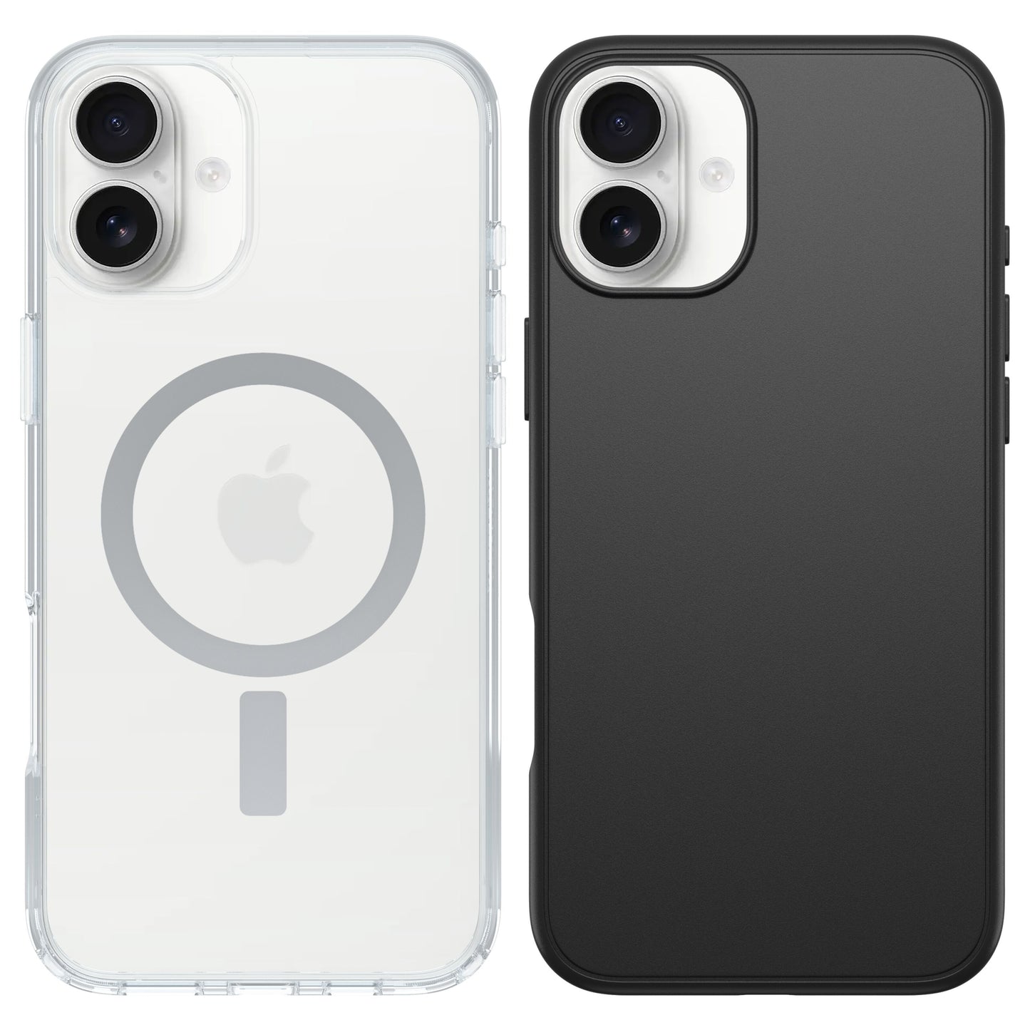 IPhone 16 Plus med sort MagSafe-cover med grå ring og Apple-logo, ved siden af iPhone 16 Plus med sort DROP+-cover, dobbelt kamera.