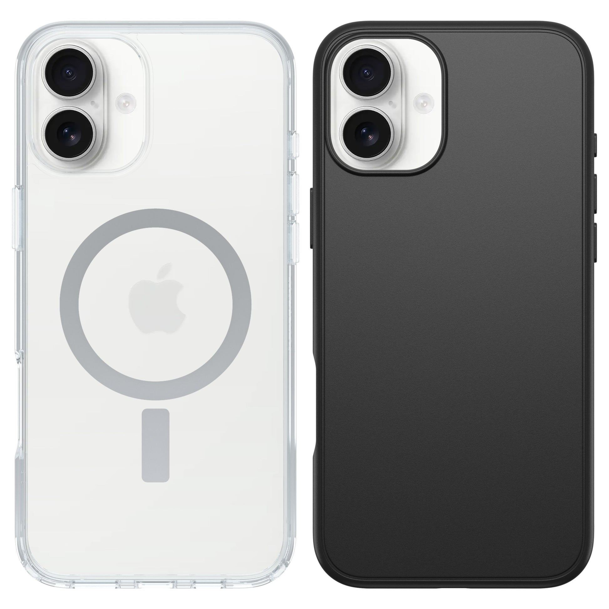 IPhone 16 Plus med sort MagSafe-cover med grå ring og Apple-logo, ved siden af iPhone 16 Plus med sort DROP+-cover, dobbelt kamera.