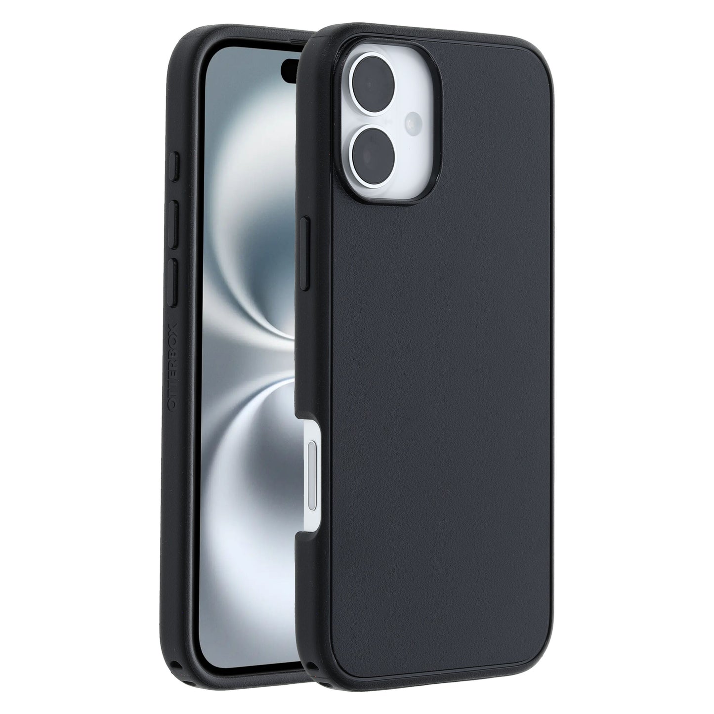 Otterbox Symmetry MagSafe cover til iPhone 16 Plus sort med to bagkamera-udskæringer og præcise knap/port-åbninger.