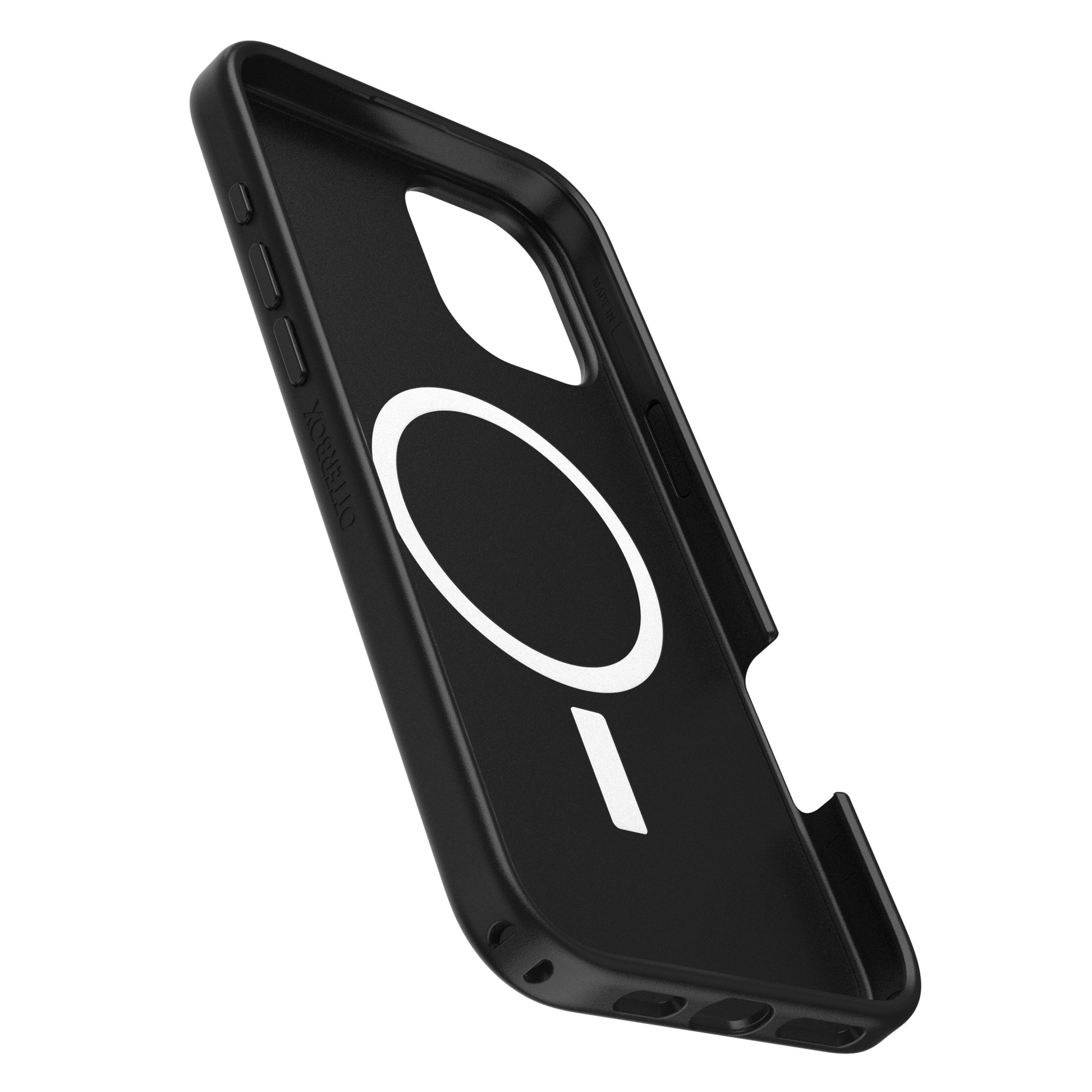 Otterbox Symmetry MagSafe cover til iPhone 16 Plus sort DROP+ certificeret med hvide cirkulære detaljer, sideknapper synlige.