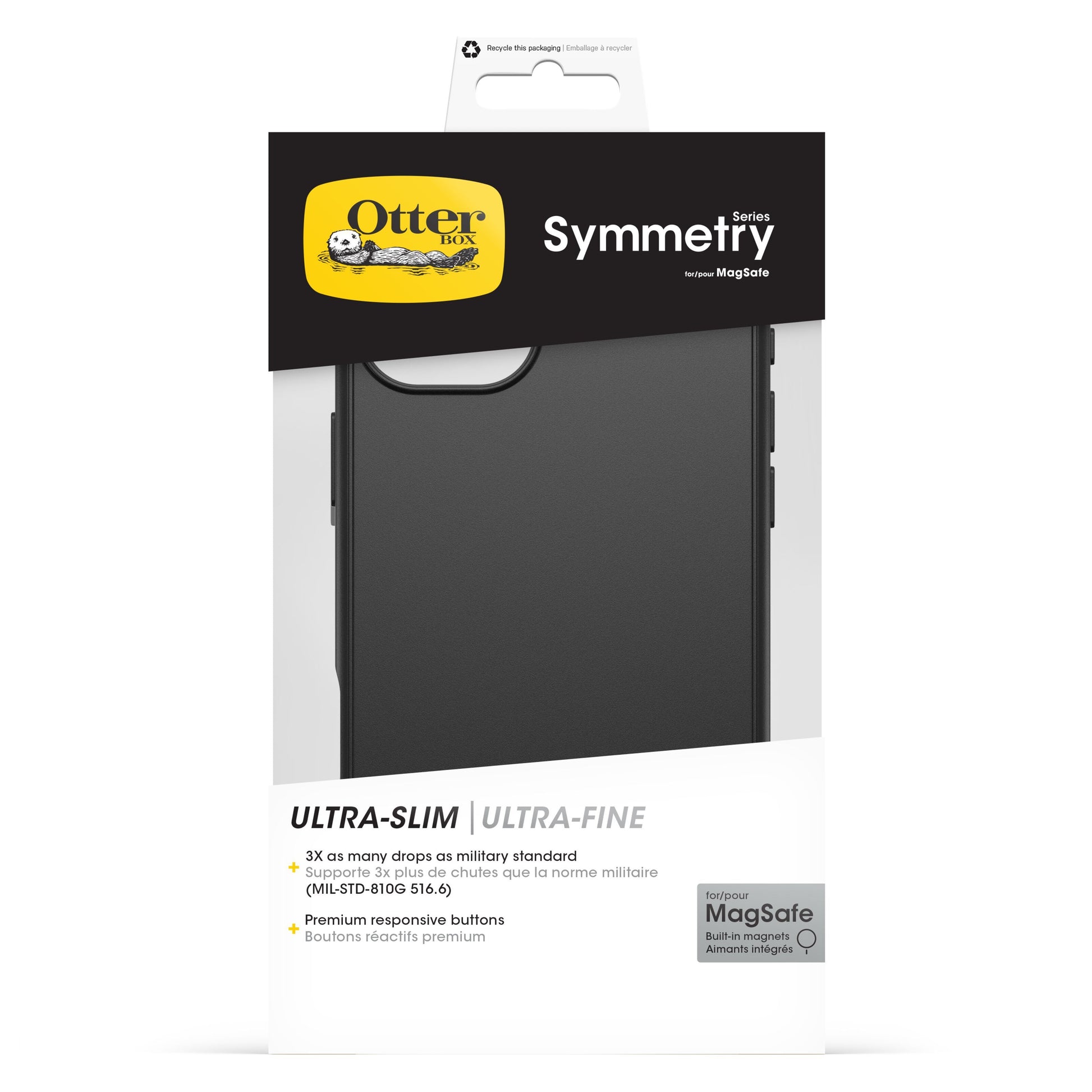 Otterbox Symmetry MagSafe iPhone 16 Plus sort i emballage med gult Otterbox-logo, DROP+ og produktdetaljer.