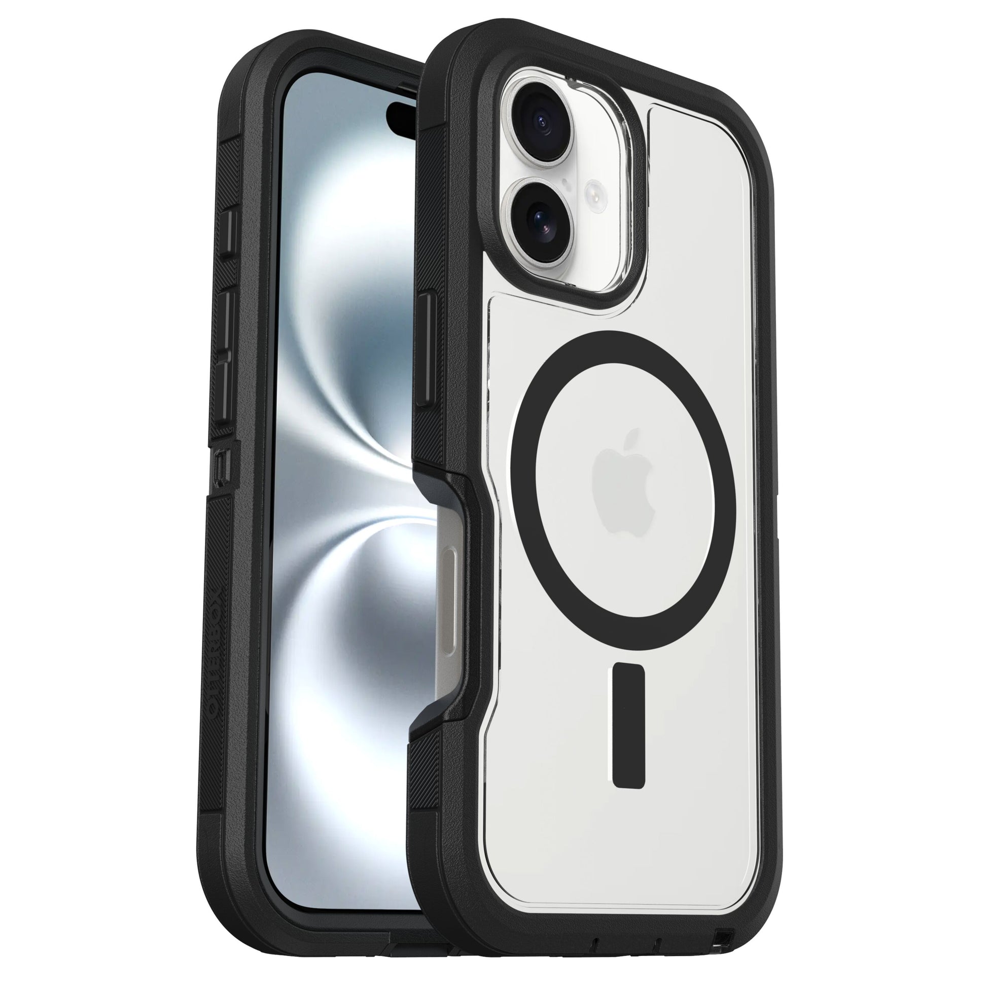 Defender XT Dark Side cover til iPhone 16, sort/klar med MagSafe, synligt Apple-logo og MagSafe-ikon.