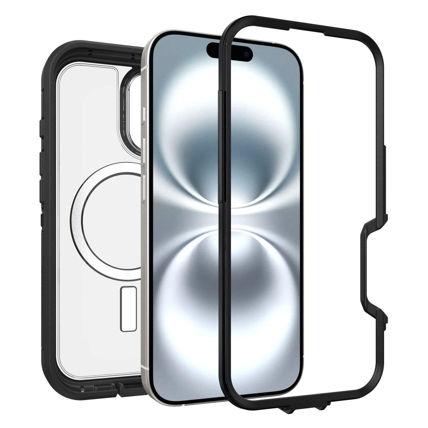 Otterbox Defender XT Dark Side cover til iPhone 16 ved siden af smartphone og sort skærmbeskyttelse.