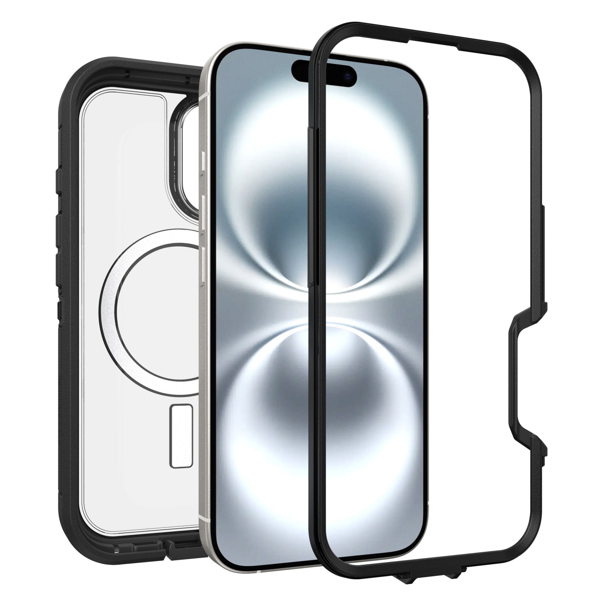 Otterbox Defender XT Dark Side cover til iPhone 16 ved siden af smartphone og sort skærmbeskyttelse.