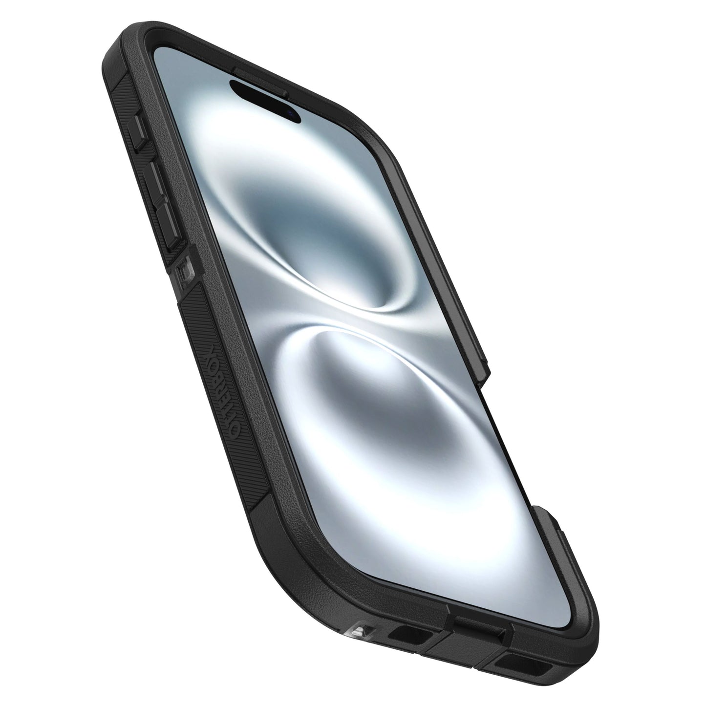 Otterbox Defender XT Dark Side cover til iPhone 16, vises i vinkel, med grå-hvide cirkler på skærm og MagSafe-kompatibilitet.