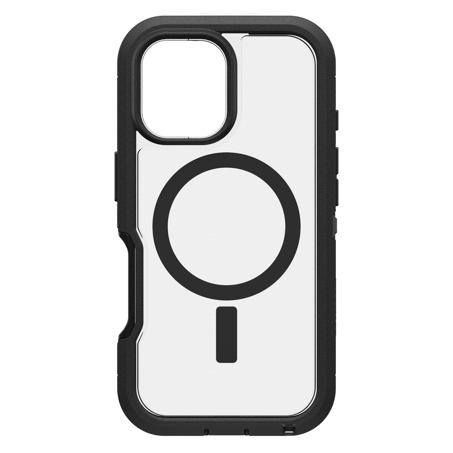 Otterbox Defender XT Dark Side cover til iPhone 16, sort og hvid, MagSafe-kompatibel, dual-kamera, forstørrelsesglas ikon.