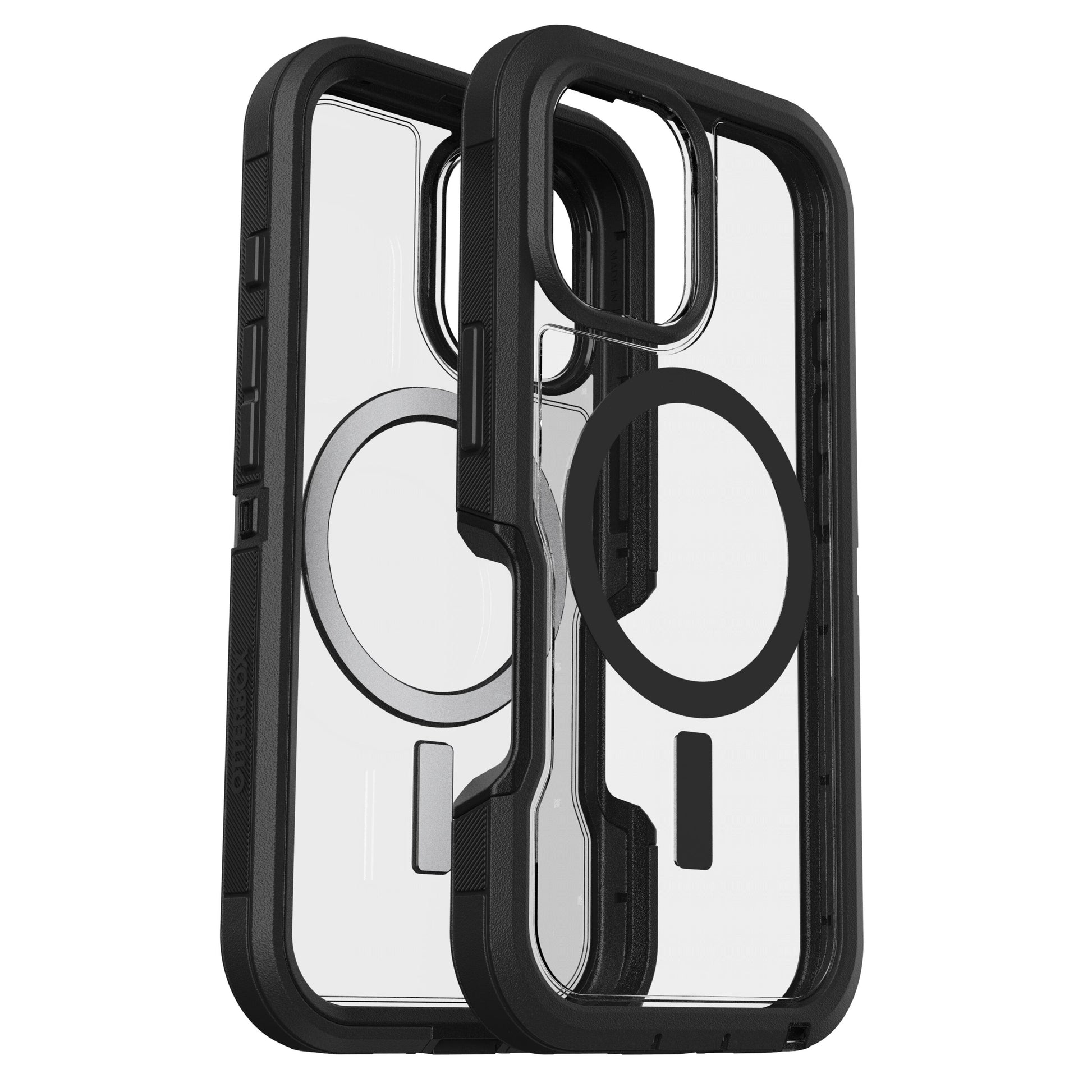 Otterbox Defender XT Dark Side cover til iPhone 16, klar bagside, sorte kanter, MagSafe-ring, udskæringer til kamera og opladning.