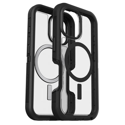 Otterbox Defender XT Dark Side cover til iPhone 16, klar bagside, sorte kanter, MagSafe-ring, udskæringer til kamera og opladning.