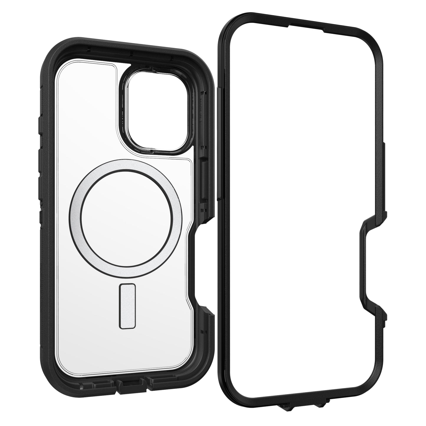 Otterbox Defender XT Dark Side cover til iPhone 16, bagside med MagSafe-ring og sorte kanter, forramme til skærmbeskyttelse.