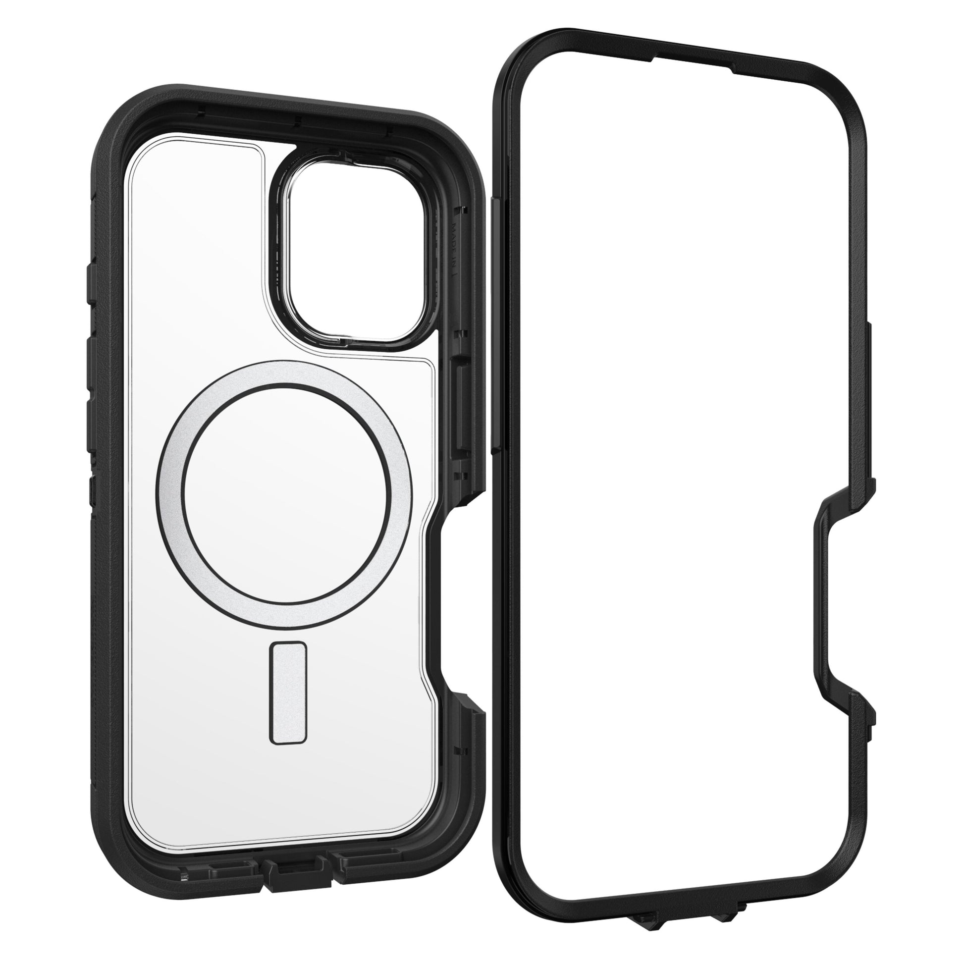 Otterbox Defender XT Dark Side cover til iPhone 16, bagside med MagSafe-ring og sorte kanter, forramme til skærmbeskyttelse.
