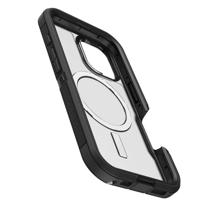 Otterbox Defender XT Dark Side cover til iPhone 16, sort kant, gennemsigtig bagside, MagSafe-ring, udskæringer til kamera/porte.