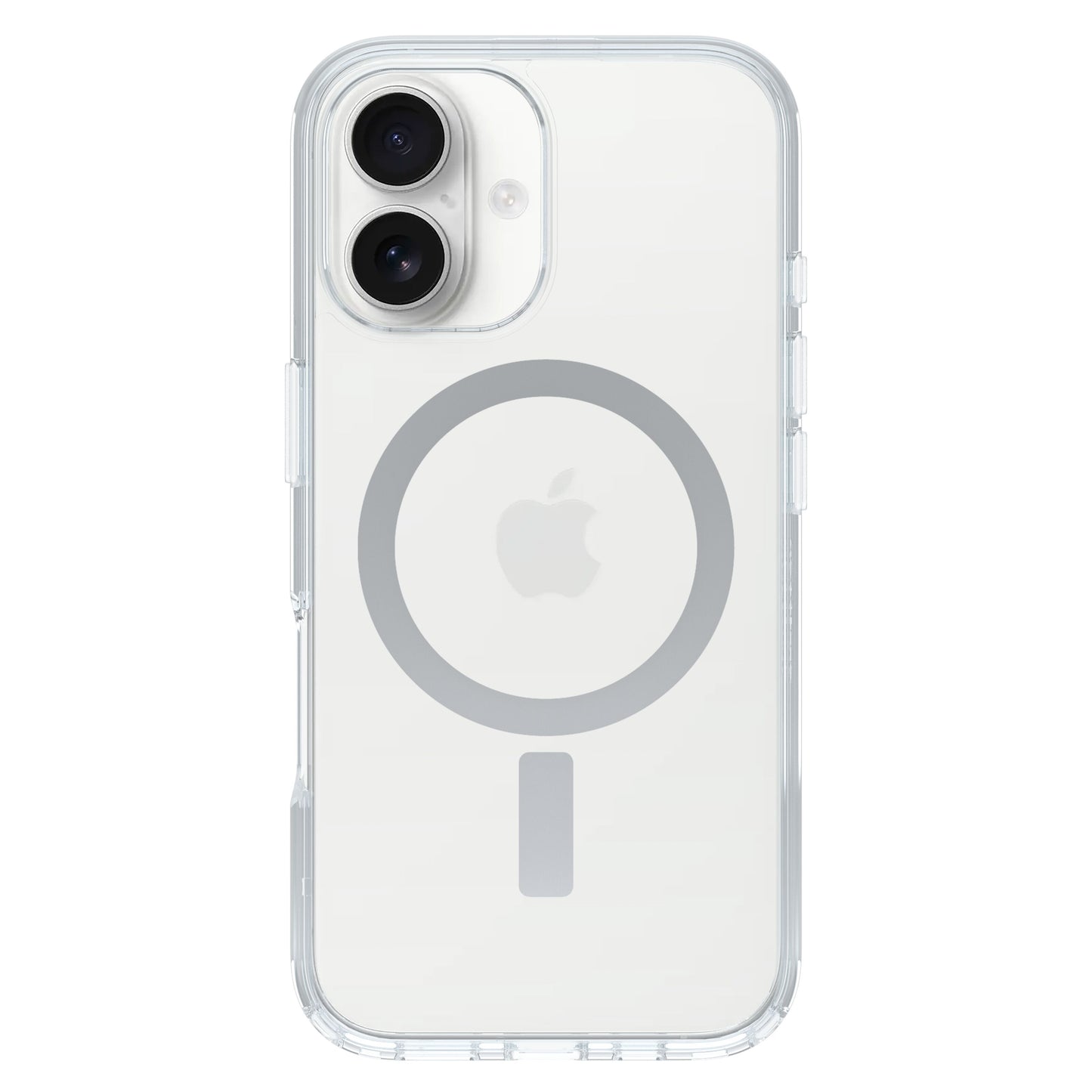 Otterbox Symmetry MagSafe cover til iPhone 16, gennemsigtig med MagSafe og Apple-logo, passer til model med to kameraer.