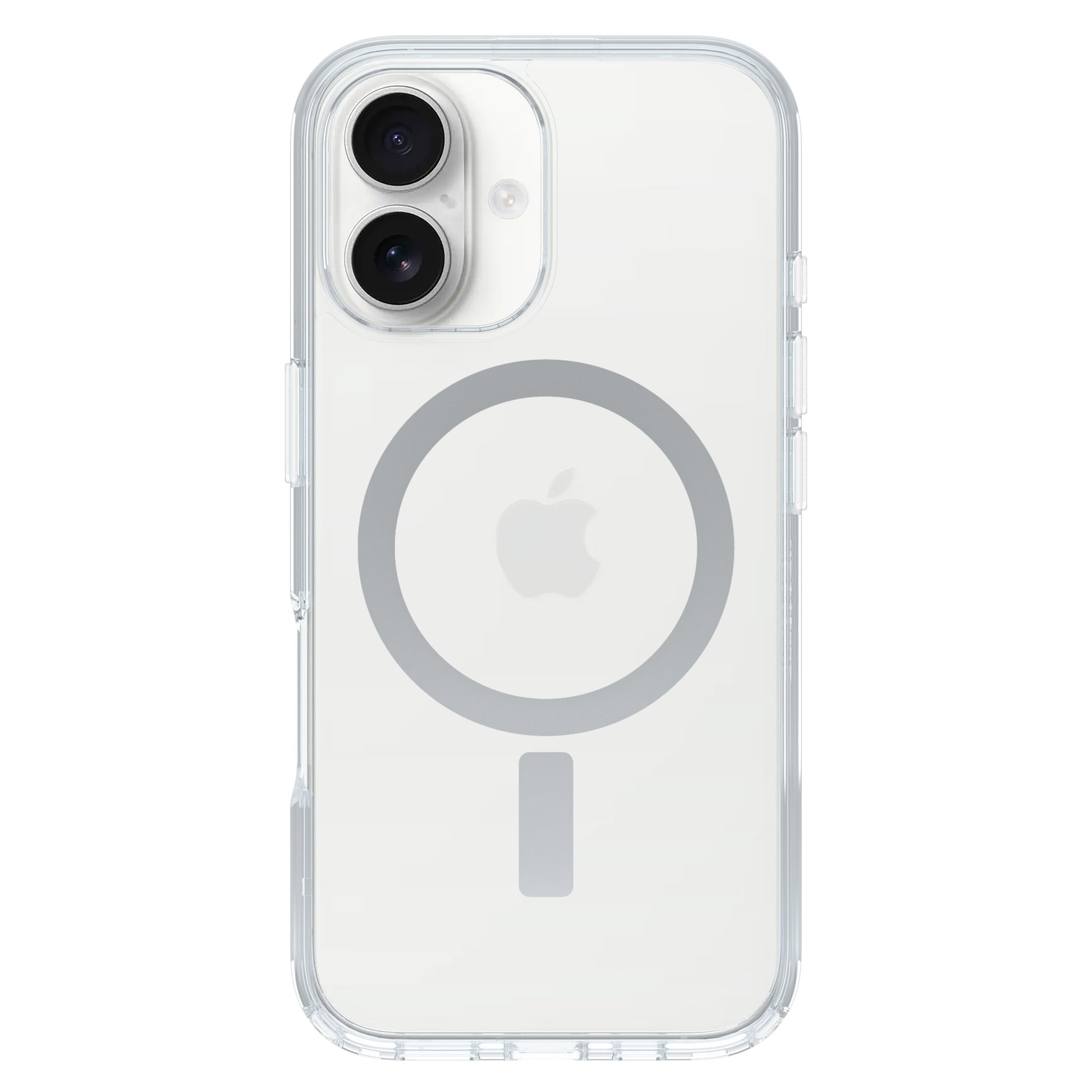 Otterbox Symmetry MagSafe cover til iPhone 16, gennemsigtig med MagSafe og Apple-logo, passer til model med to kameraer.