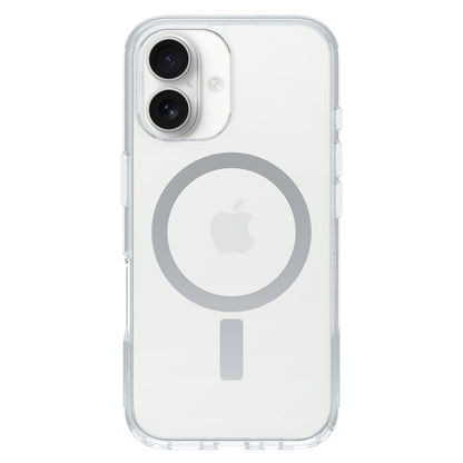 Otterbox Symmetry MagSafe cover til iPhone 16, gennemsigtig med MagSafe og Apple-logo, passer til model med to kameraer.