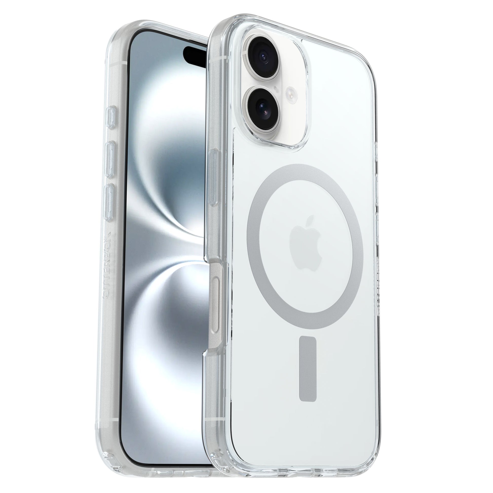 Otterbox Symmetry MagSafe cover til iPhone 16 klar med cirkulært MagSafe-magnet og præcise udskæringer til kamera og knapper.