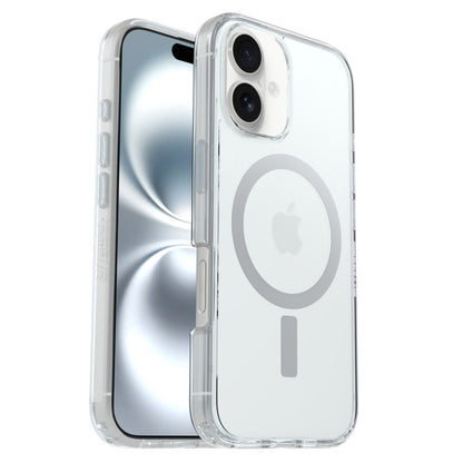 Otterbox Symmetry MagSafe cover til iPhone 16 klar med cirkulært MagSafe-magnet og præcise udskæringer til kamera og knapper.