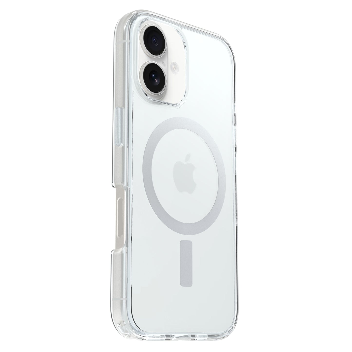 Otterbox Symmetry MagSafe cover til iPhone 16 Klar, gennemsigtigt med MagSafe-ring, synligt Apple-logo og dobbelt kamera.