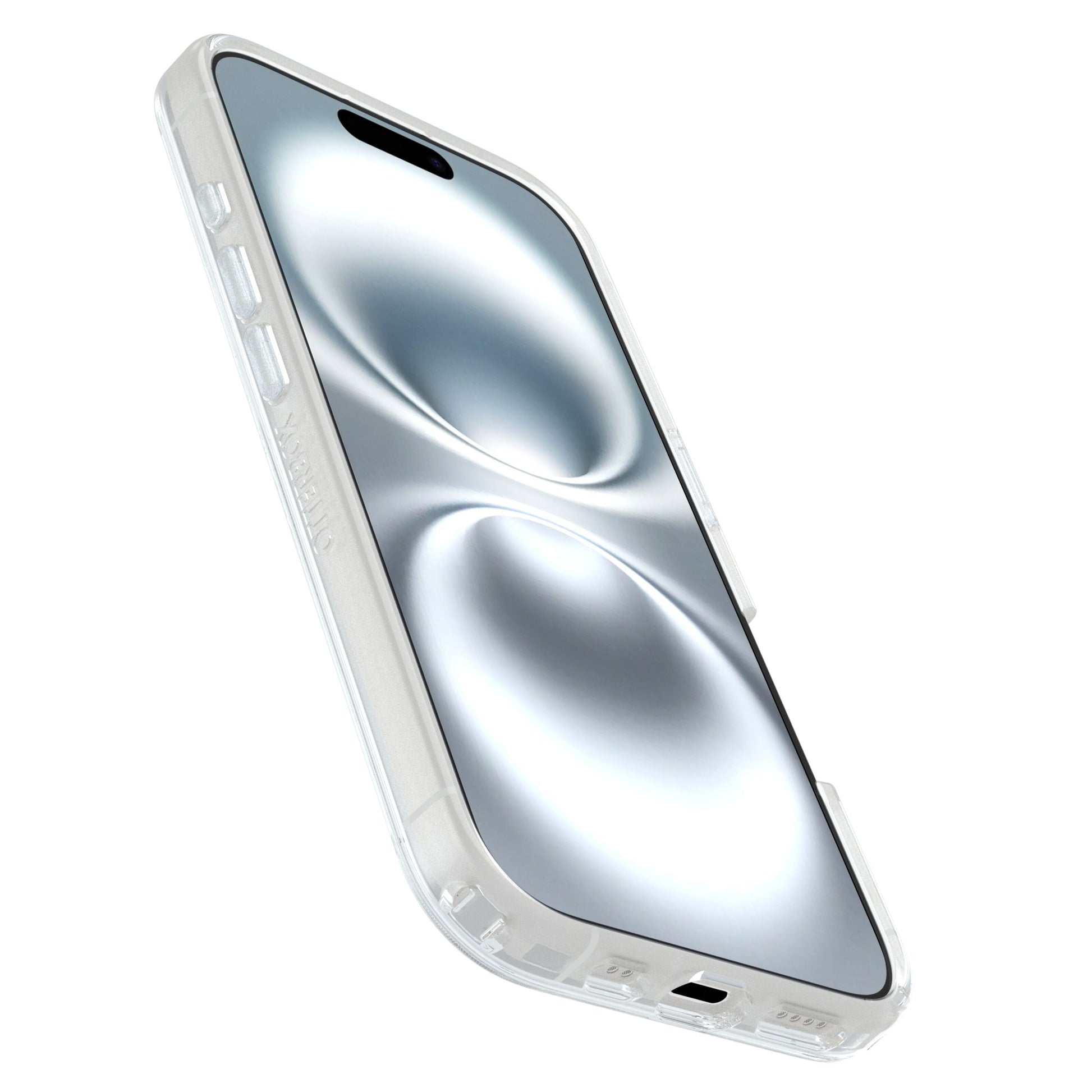 IPhone 16 i gennemsigtigt Otterbox Symmetry MagSafe cover, skærm med sølv metallisk swirl mønster, vises på skrå.