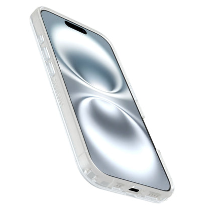 IPhone 16 i gennemsigtigt Otterbox Symmetry MagSafe cover, skærm med sølv metallisk swirl mønster, vises på skrå.