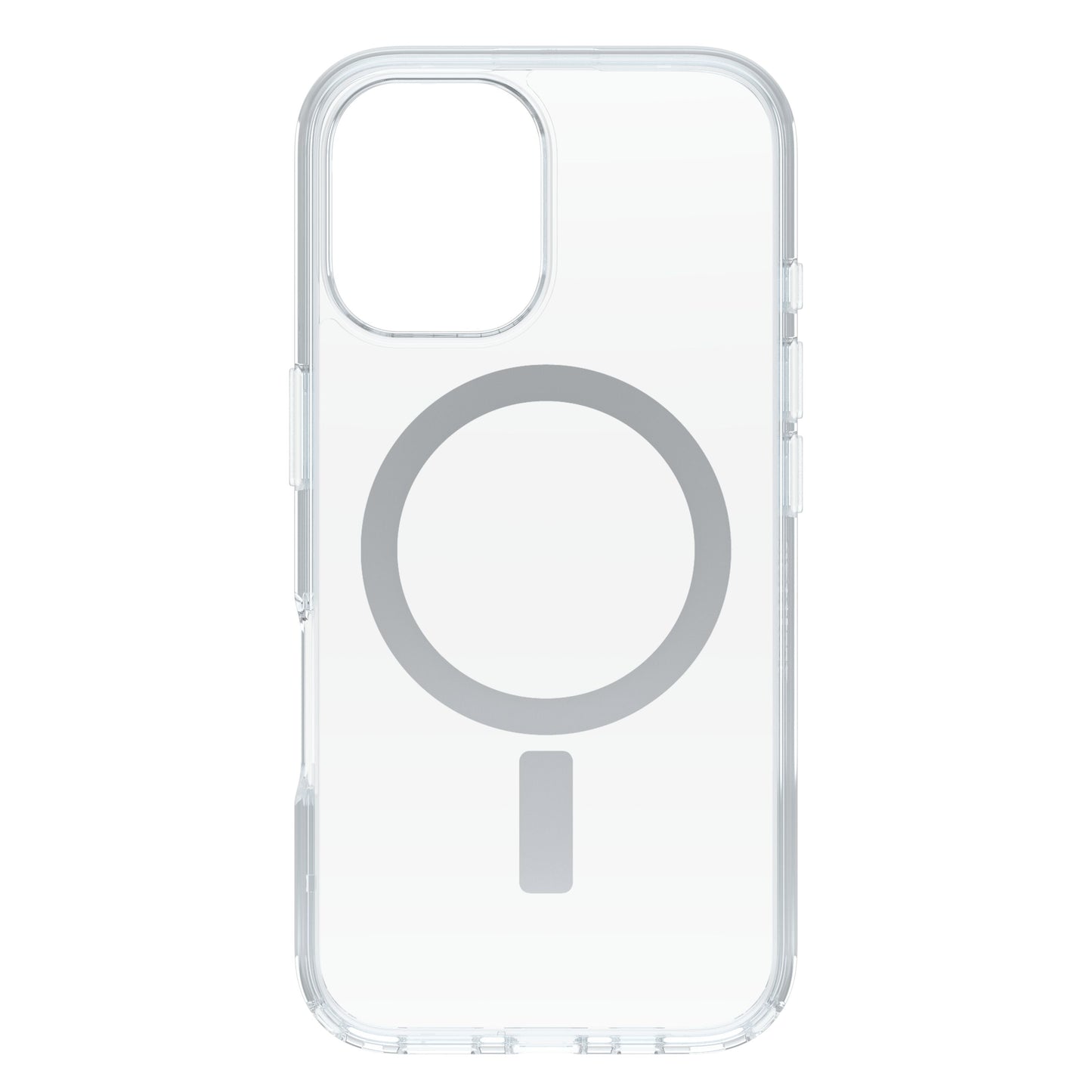 Otterbox Symmetry MagSafe cover til iPhone 16 klar med stor grå cirkel og kort streg på bagsiden til MagSafe.