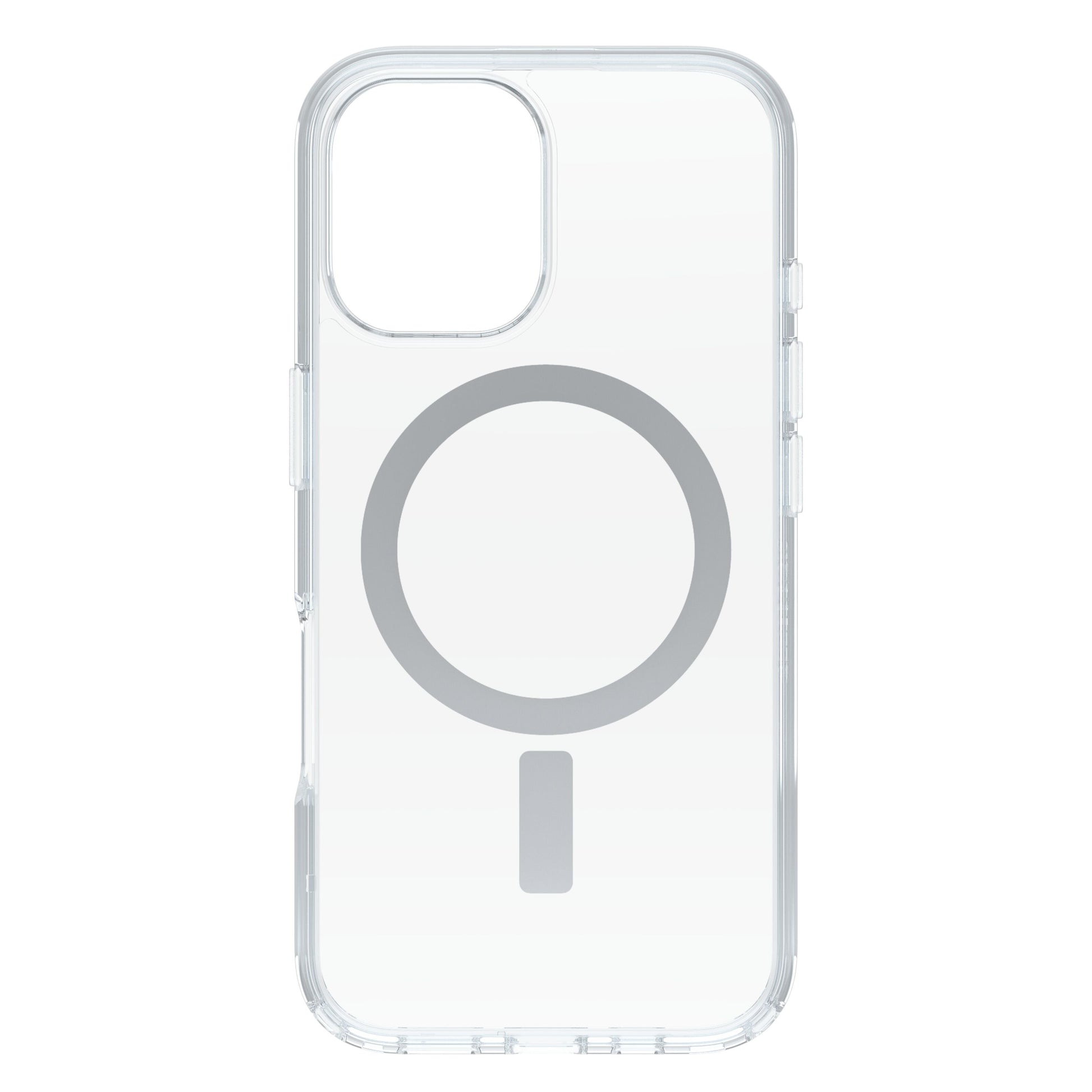 Otterbox Symmetry MagSafe cover til iPhone 16 klar med stor grå cirkel og kort streg på bagsiden til MagSafe.