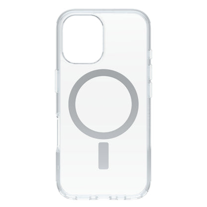 Otterbox Symmetry MagSafe cover til iPhone 16 klar med stor grå cirkel og kort streg på bagsiden til MagSafe.