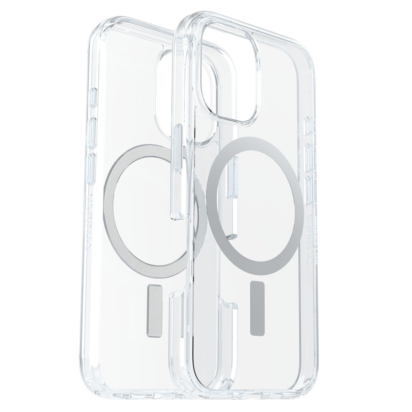 Symmetry MagSafe cover til iPhone 16, gennemsigtig med synlig magnetring, linjestyr og præcise udskæringer til kamera og knapper.