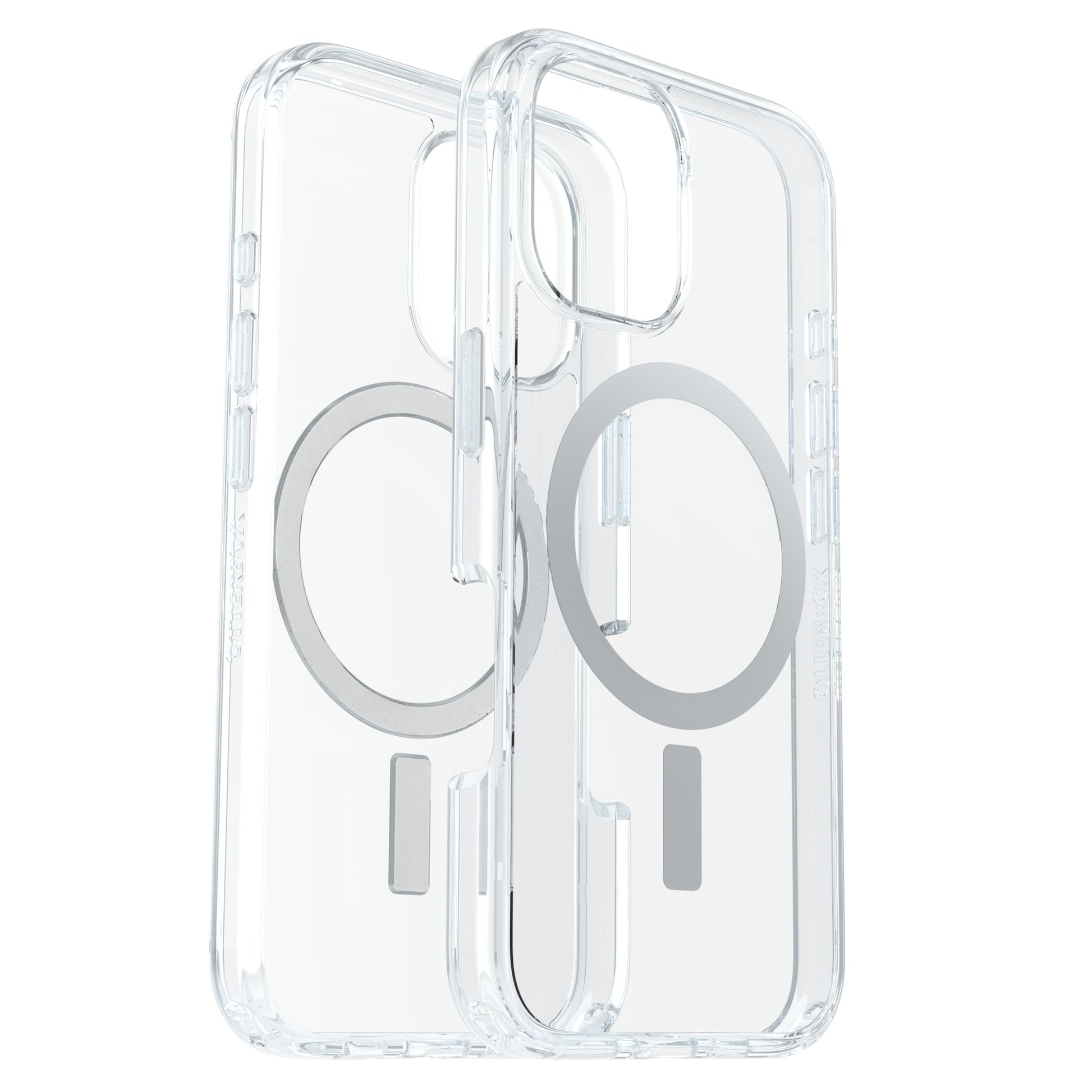 Symmetry MagSafe cover til iPhone 16, gennemsigtig med synlig magnetring, linjestyr og præcise udskæringer til kamera og knapper.